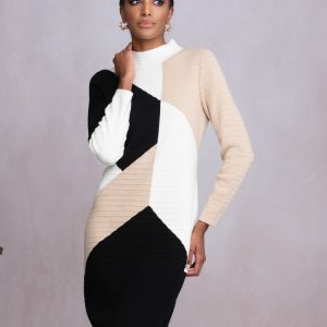 ALISON SHERI A46010 - KNITTED DRESS CREAM/WHITE/BLACK