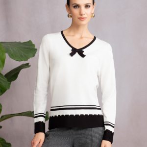 ALISON SHERI A46365 - WHITE V NECK JUMPER WITH BOW AND PEARL DETAIL