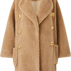 Edward Achour Camel Faux Fur Coat With Gold Buttons