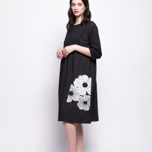 FOIL FO8239 - Black Dress With Ruffle Detail and Flower Detail to front.