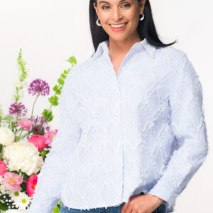 ELENA WANG -EW36320 -BLUE AND WHITE SHIRT WITH FRINGE DETAIL
