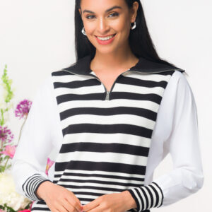 ELENA WANG STRIPED ZIP NECKED TOP
