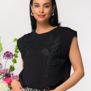 ELENA WANG BLACK SLEEVELESS TOP WITH APPLIQUE DETAIL TO FRONT