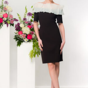 ELENA WANG BLACK DRESS WITH WHITE RUFFLE NECK