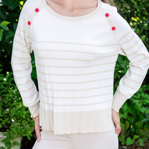 HONGO Stripe Pleated Cream Jumper with Red Button Detail