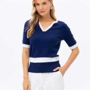 PASSIONI NAVY BLUE V NECK TOP WITH BUTTON DETAIL