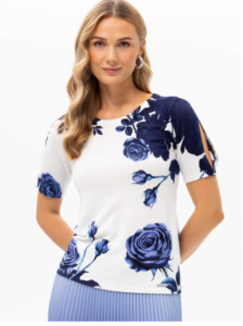 PASSIONI WHITE AND BLUE ROSE PRINT TOP