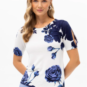 PASSIONI WHITE AND BLUE ROSE PRINT TOP